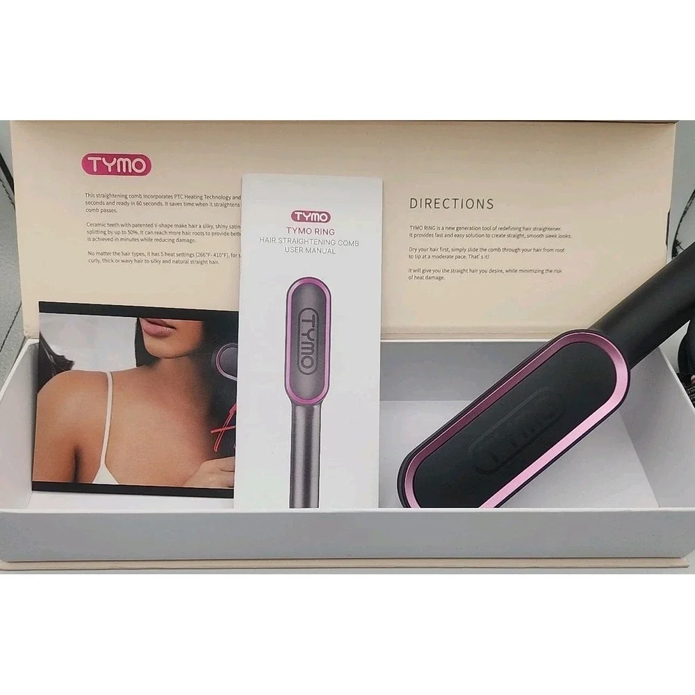 TYMO RING Hair Straightening Comb Black Pink HC100 Ceramic PTC 5 Heat Settings